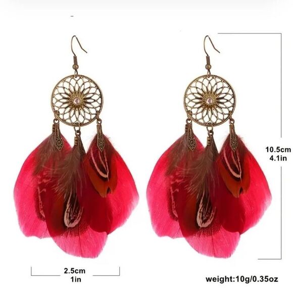 Boho Red Feather Tassel Rhinestone Earrings - Picture 2 of 2